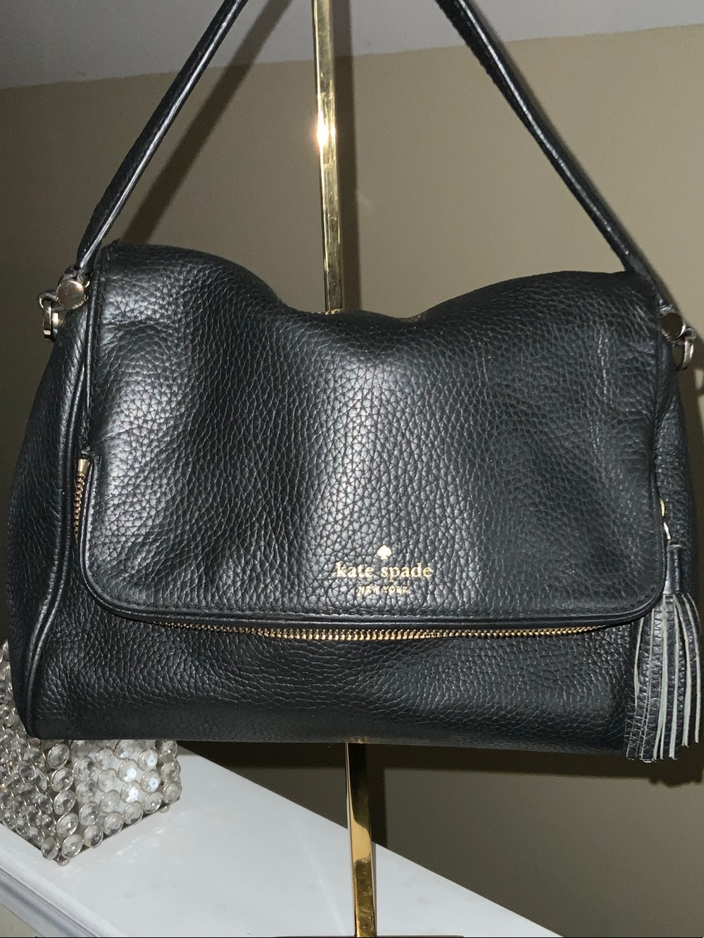 kate spade Black Pebbled Leather Shoulder Bag with Tassel